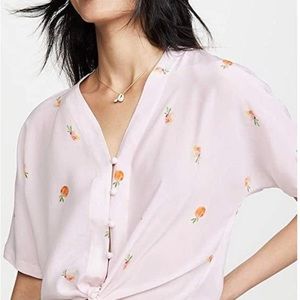 Rails Thea Peach Fruit Print Tie Waist Silk Button Front V-Neck Blouse Top XS